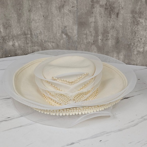 Vintage Church Hat Cream Formal Dress Hat Pearl Beaded Wedding Party - Picture 2 of 13